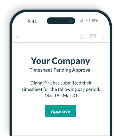 Email message on a mobile phone with a Workflow link button for the manager to approve the timesheet of the employee.