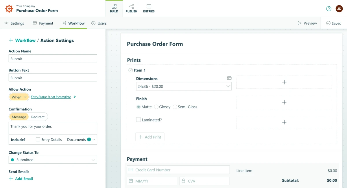 Cognito Forms online form builder setting up document generation on a purchase order form. The workflow action settings panel with a custom confirmation message to include a document.
