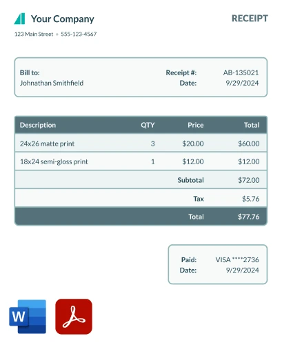 Receipt PDF generated from an online purchase order form. Includes company contact information, billing information, purchase details, and payment details. Document Generated export options include Microsoft Word or Adobe PDF.
