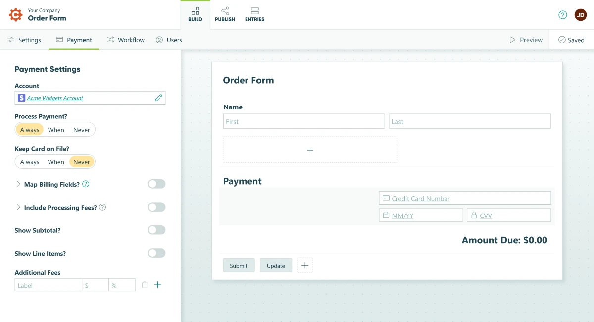 Cognito Forms online form builder with a payment field added to an order form. The option to Always process payment is selected, when, and never are the other options. There is an option to allow customers to keep their cards on file.