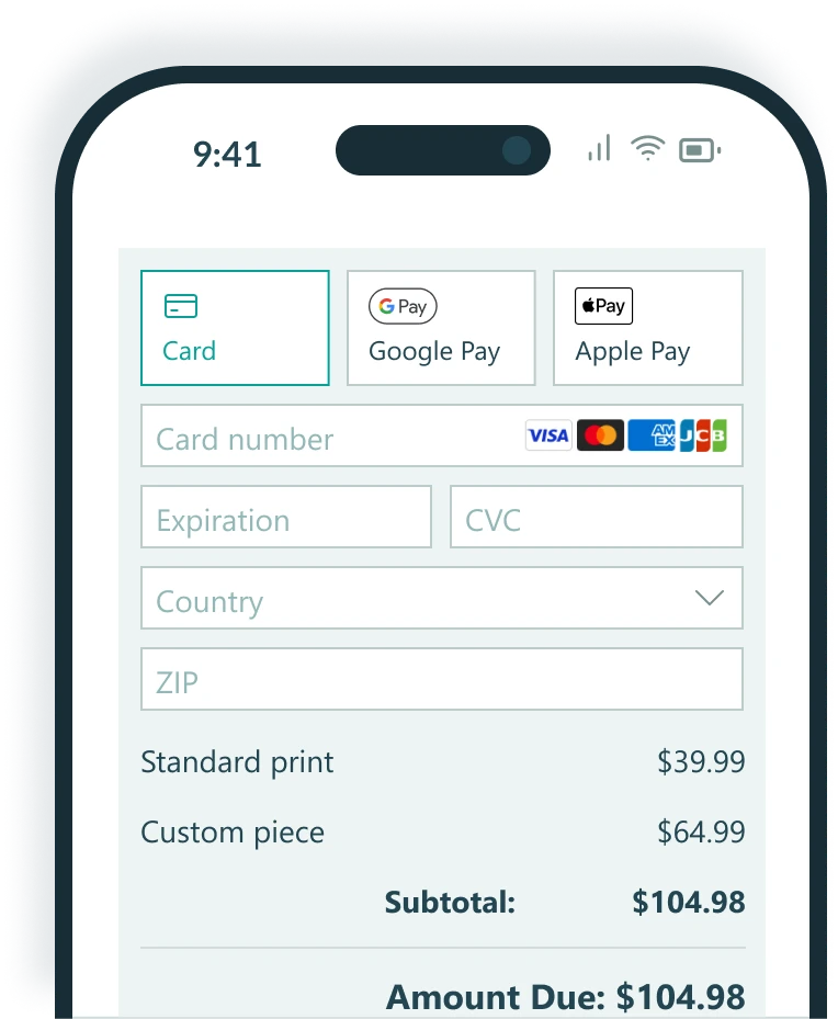 The checkout process on an online form on a phone with pay with the card selected; Google Pay and Apple Pay are other options. Checkout details include product price, subtotal, and amount due.