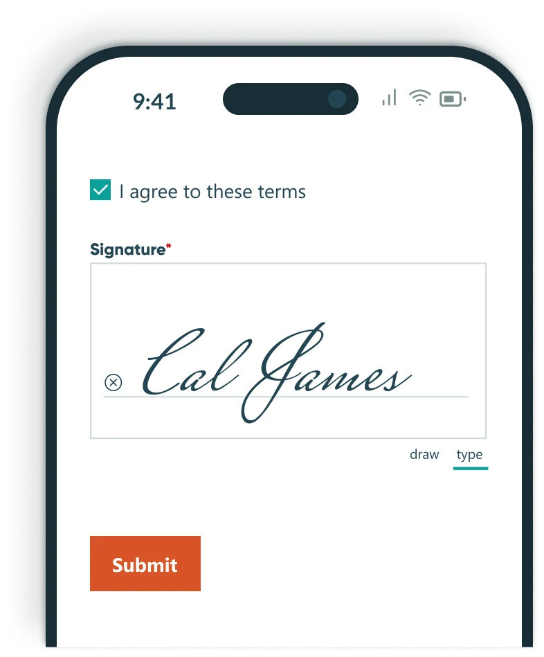 Text-generated signature added to online contact form on a mobile phone. I agree to these terms is checked above the signature box with an orange submit button below.