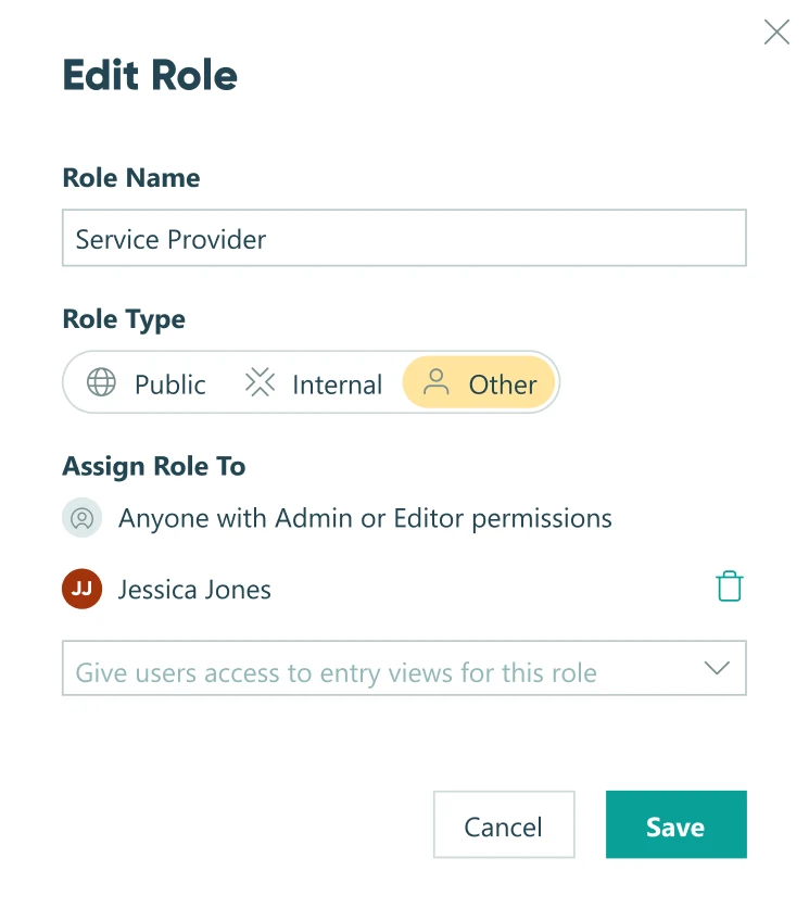 Edit Role pop-up modal sets what role is notified to take action after an action is performed. The Role Name is Service Provider, Role Type is Other. Anyone with Admin or Editor permissions have full access and Jessica Jones is assigned limited access.