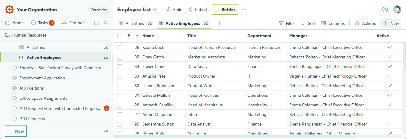 The newest entry appears at the top of the list, and the remaining entries display in decreasing order.