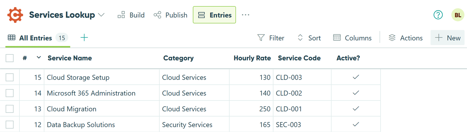 Screenshot of a services lookup source form from the entries page with four entries for different service types