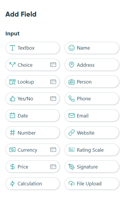 Screenshot of the Cognito Forms 'Add Field' section of the build page