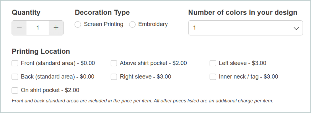 Screenshot of fields on a form including: Quantity, Decoration type, Number of colors in a design, Printing location for apparel