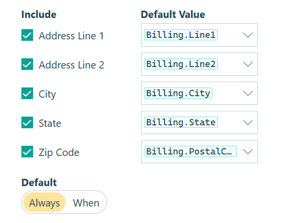 Set default values for an Address field.
