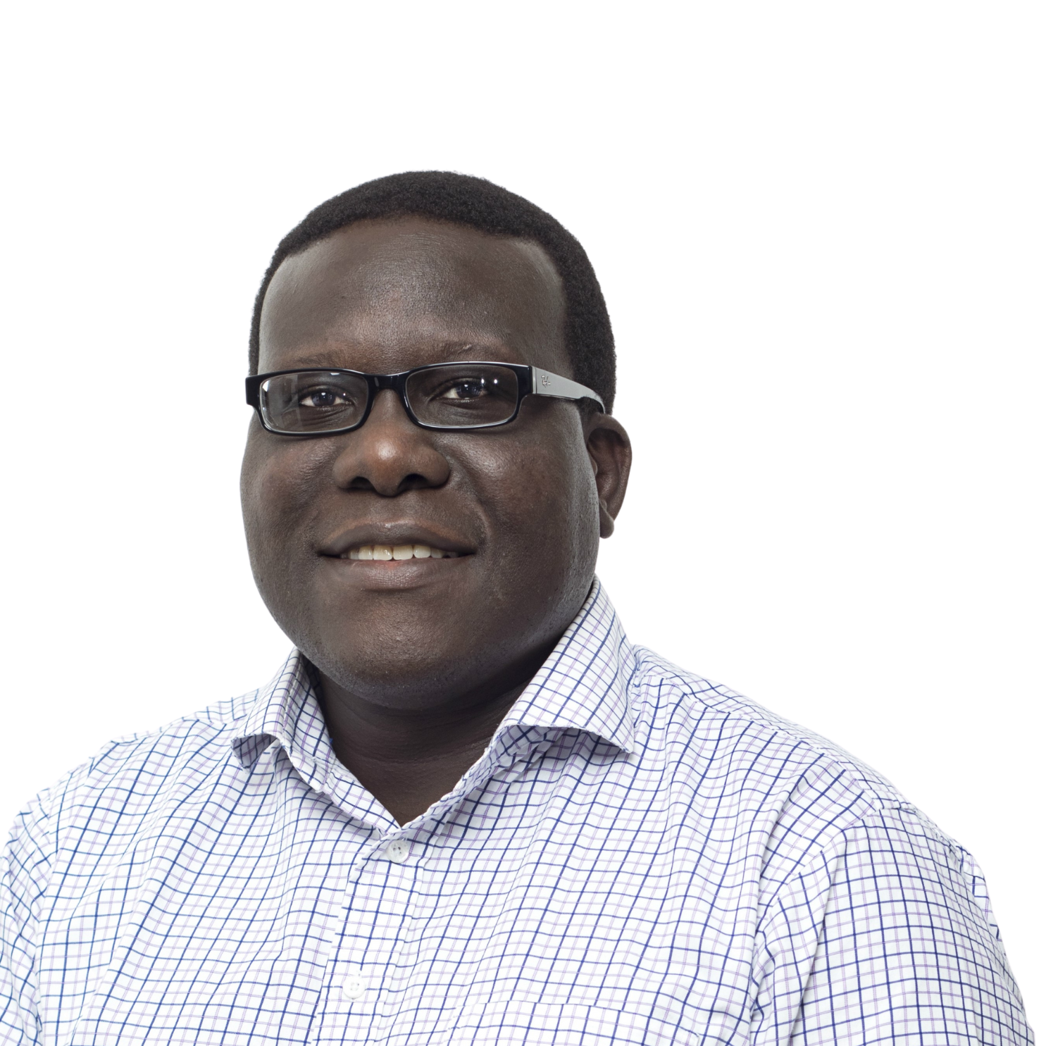 Headshot of Jidé Afolabi in glasses and blue striped shirt