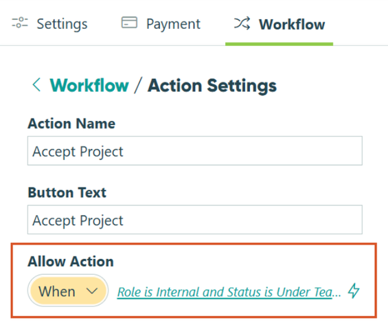Screenshot of Allow Action Logic setting highlights in the Cognito Forms Workflow Action settings