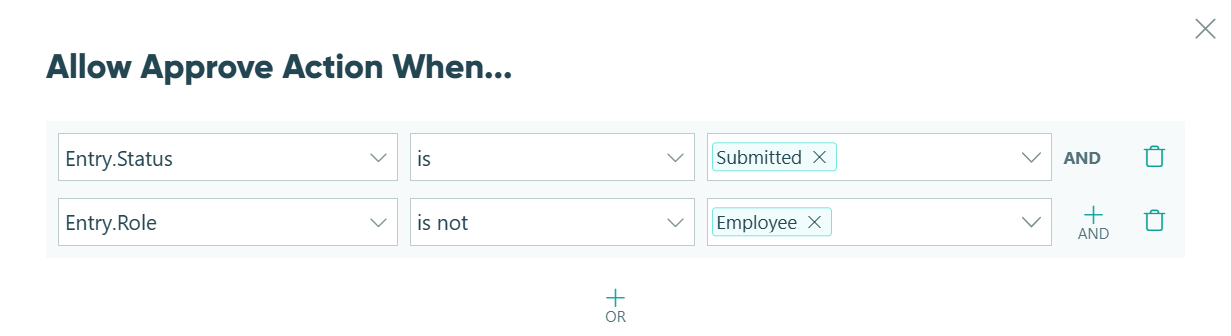 Only allow Approve action when the status is submitted and the role is not Employee.