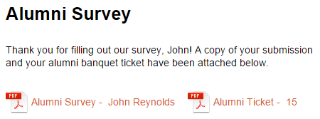 Alumni survey submission confirmation page with attached PDF files, including an Alumni Survey and Alumni Ticket.