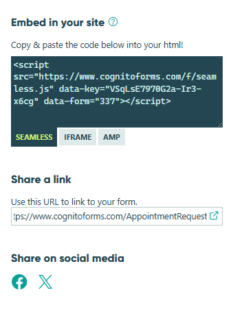 Appointment request form with embedded link and option to share the link or share on social media