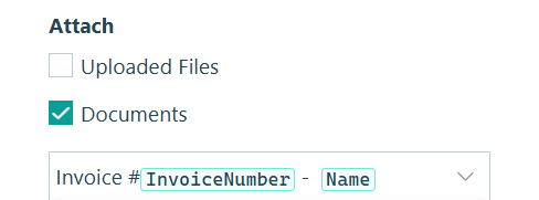screenshot of the option to attach a document to an email notification in Cognito Forms with the custom invoice template selected