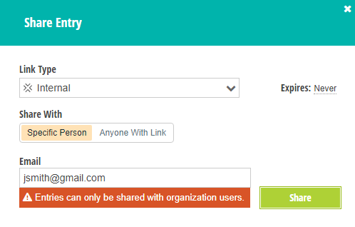Share entry with internal link type shared with a specific person.