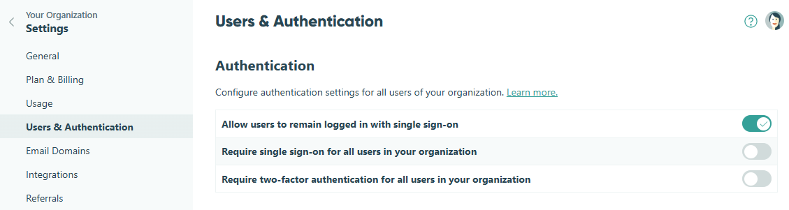 Authentication settings for all users in an organization.