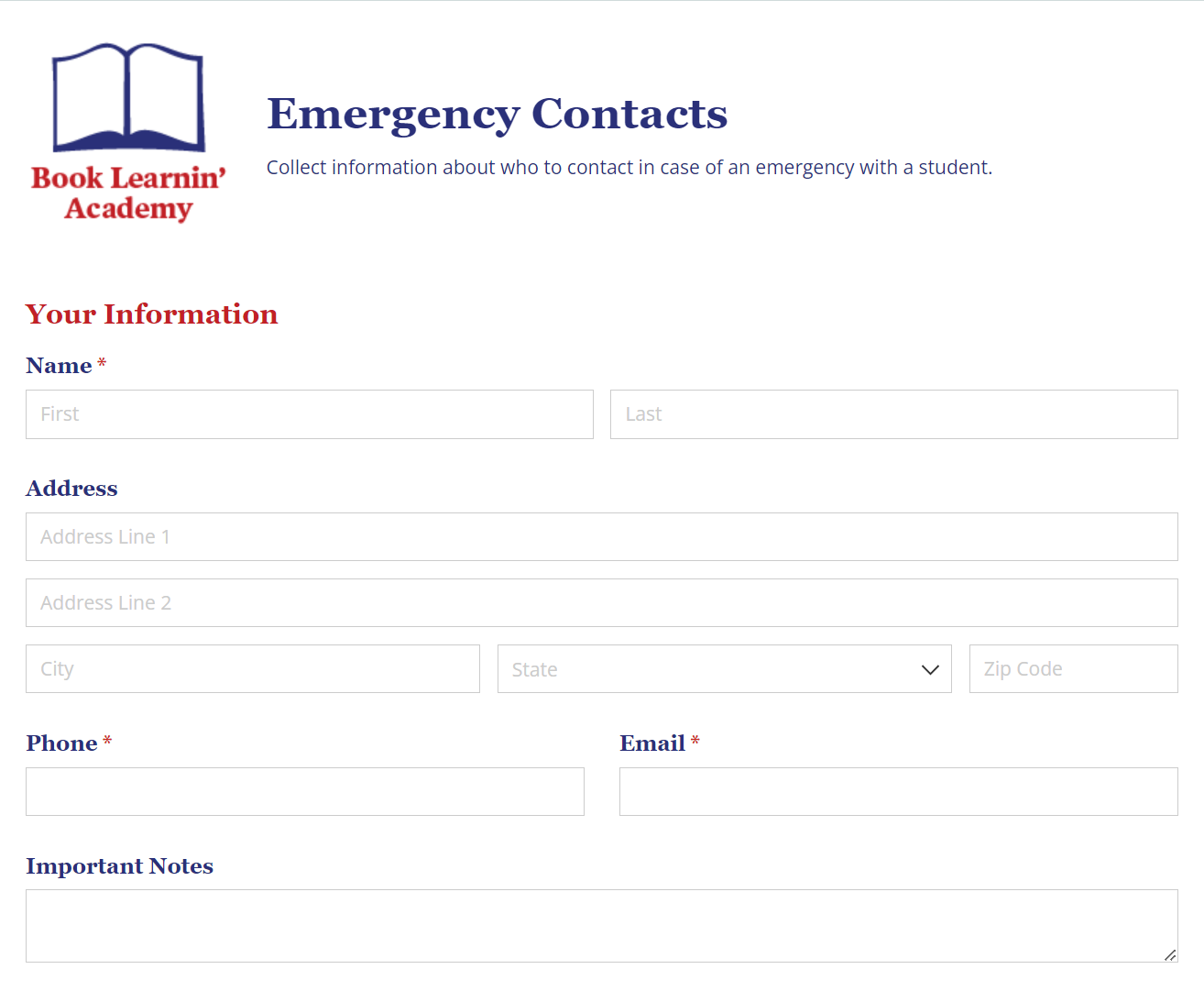 Book Learnin Academy emergency contacts form