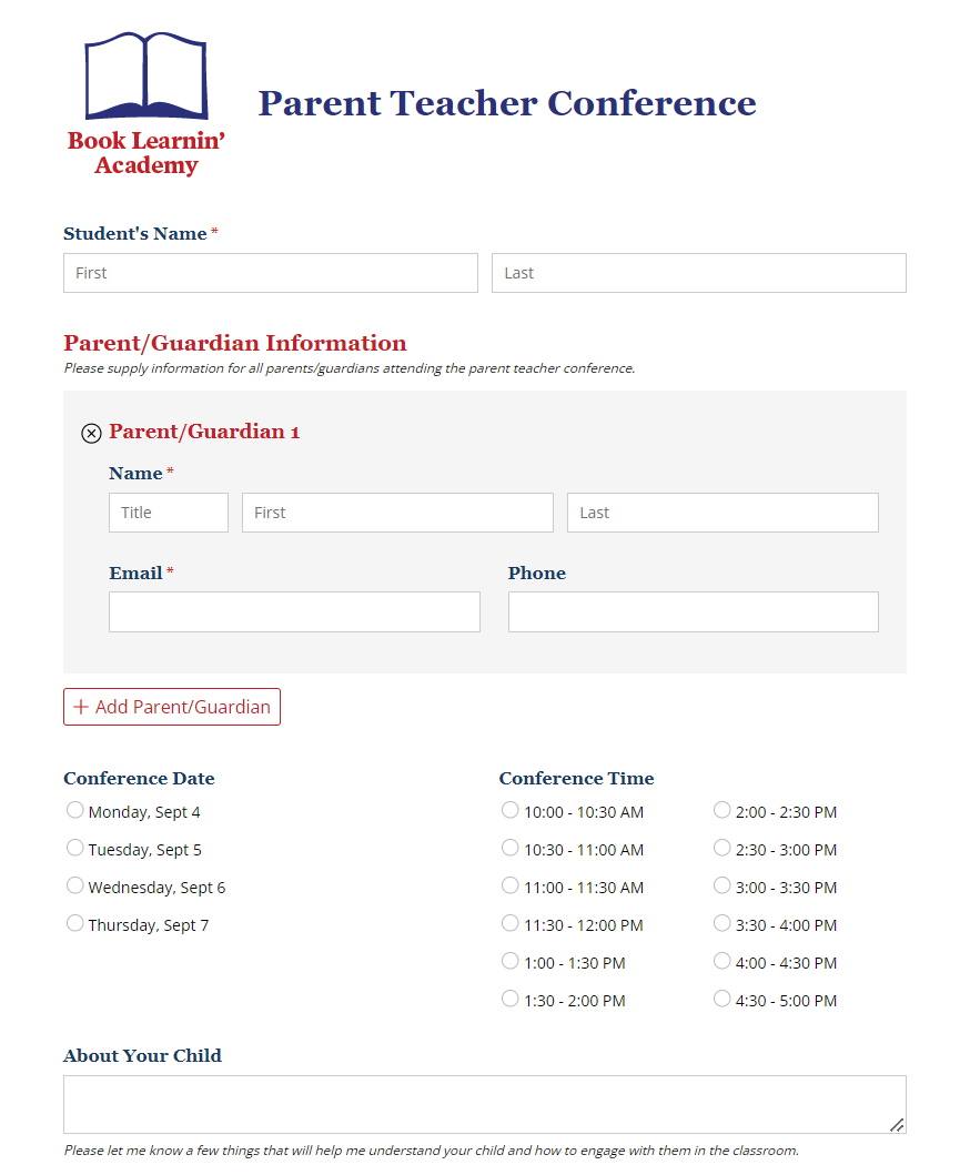 Book Learnin Academy parent teacher conference form