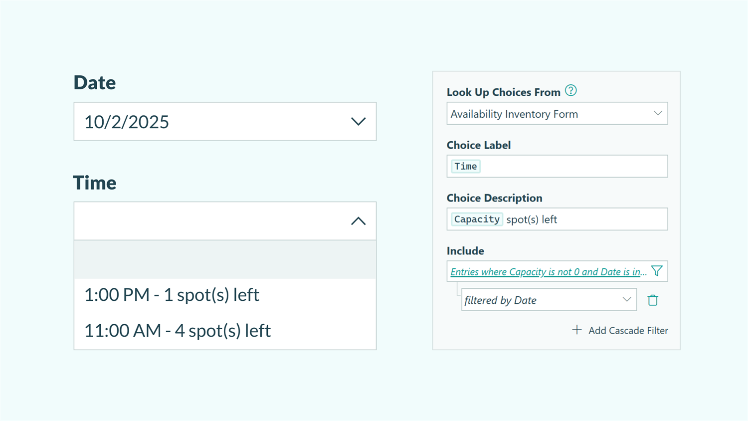 Screenshot of Cognito Forms Lookup field settings and fields to select a date and time on a booking form