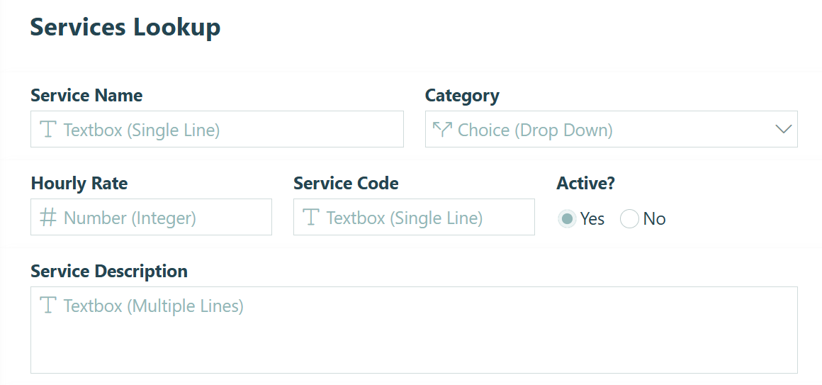 screenshot of a services lookup form with fields for each service type
