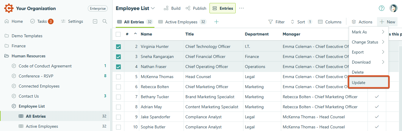 Open the Actions menu and select an action to perform.