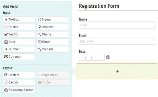 A drag-and-drop form builder interface showcasing input field options like name, email, and date for a registration form.
