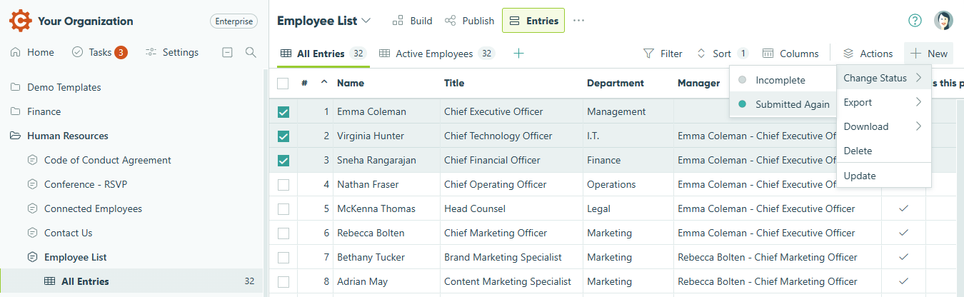 Change the status of multiple entries.