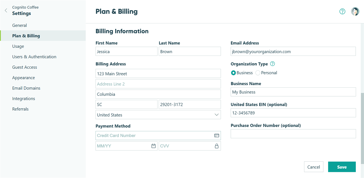 Update your organization's billing information.