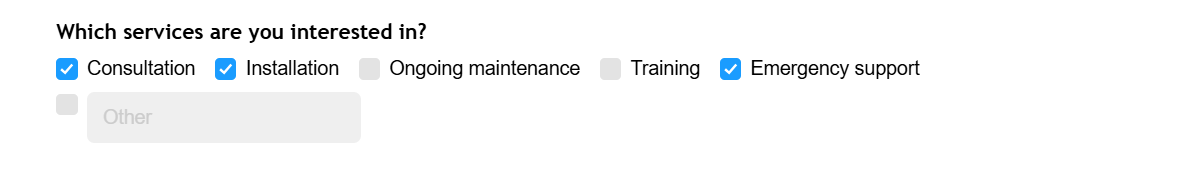 Checkbox field for "Which services are you interested in?" with three options selected.