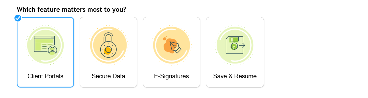 Four visual cards: Client Portals, Secure Data, E-Signatures, Save & Resume.