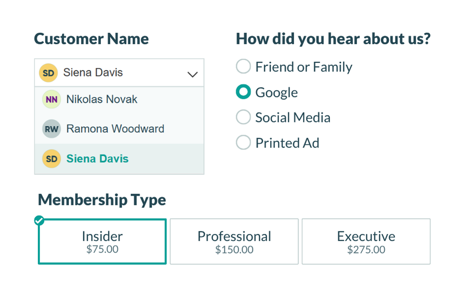 screenshot of a Choice field in different styles including dropdown, radio buttons, and cards