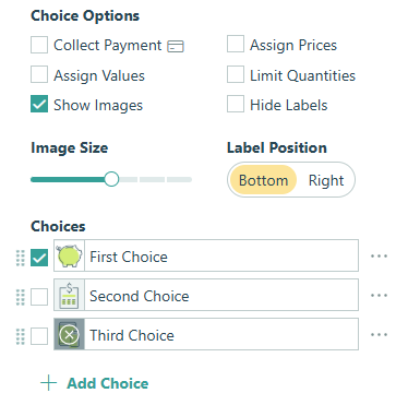 Click the image icon next to each choice or drag and drop an image onto the choice option.