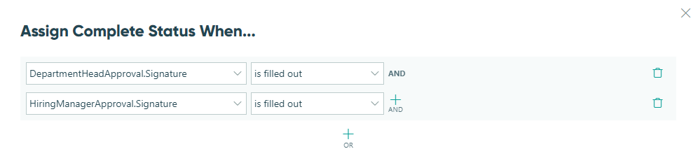 Assign complete status when certain conditions are met.