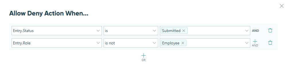 Allow action when status is Submitted and role is Employee.