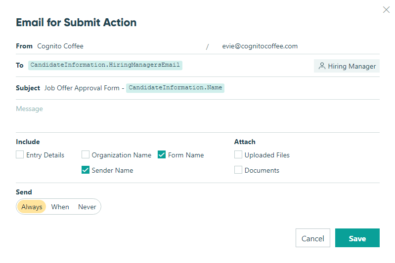 Email for Submit action.