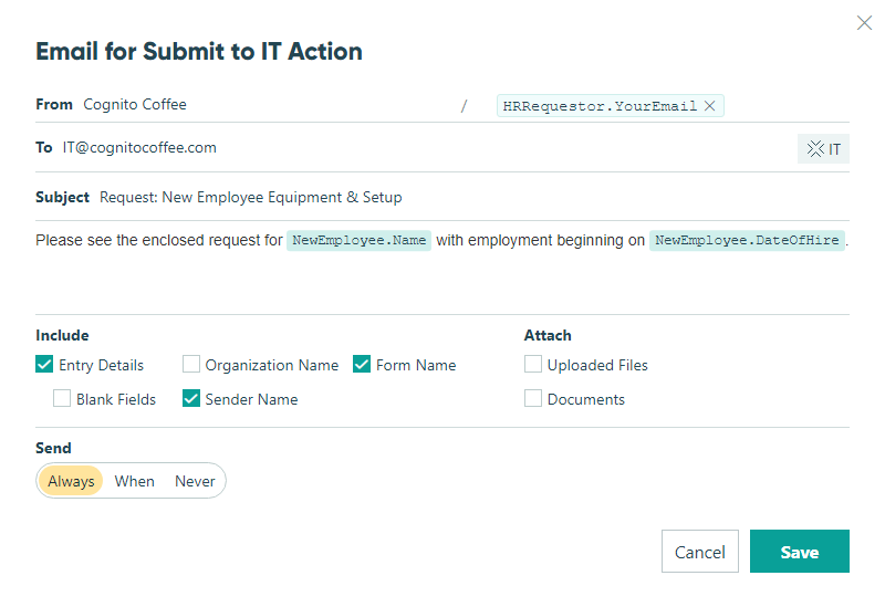 Send IT an email when Submit to IT action is performed.