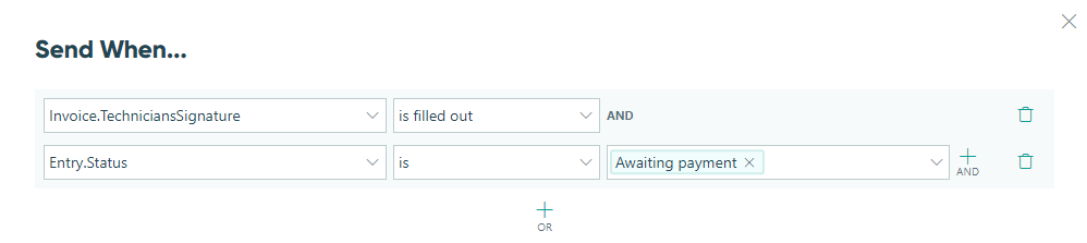 Send email when the technician's signature is filled out and entry status is Awaiting payment.