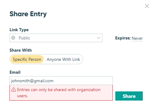 Entries can only be shared with organization users.