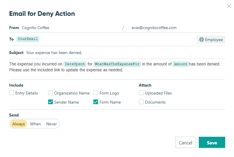 Send an email when an expense is denied.