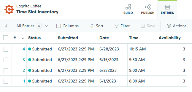 Entry data showing available quantities.