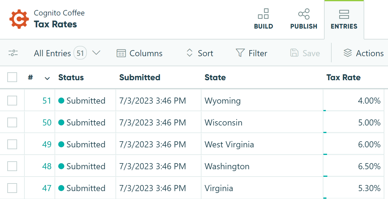 Populate the Entries page with the full list of states and tax rates.