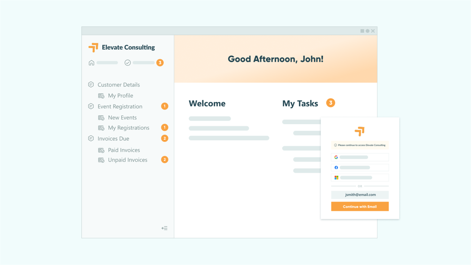 Illustration of the client view of a client portal in Cognito Forms with assigned tasks and custom branding
