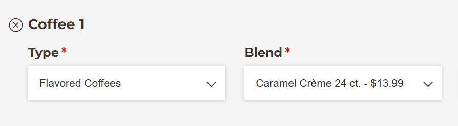 Lookup field filtered by coffee blends and types.