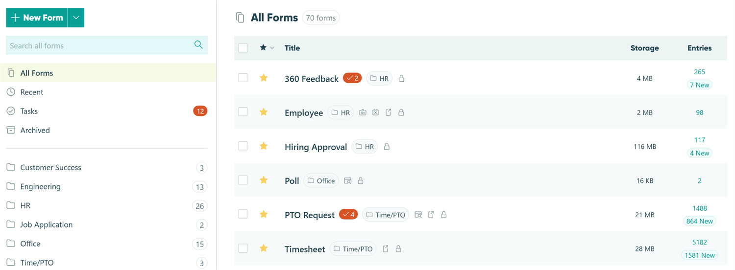 Cognito Forms Dashboard showing 12 tasks assigned in the Tasks view