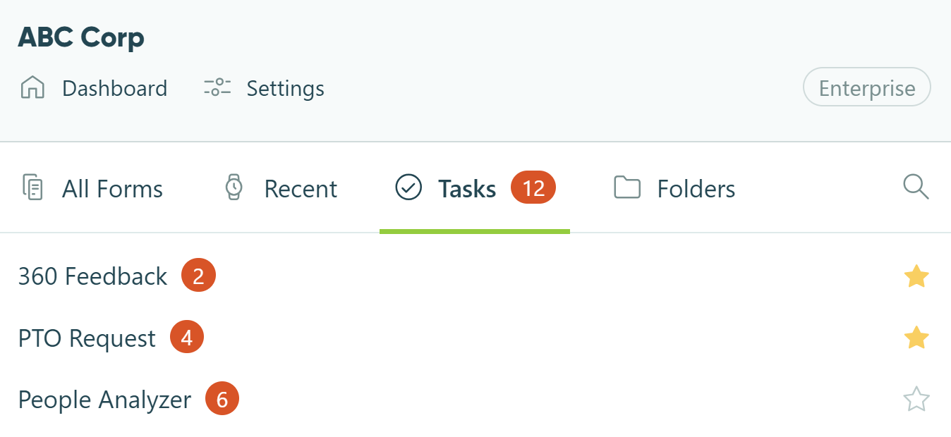 Cognito Forms Dashboard showing 12 tasks assigned in the Tasks view