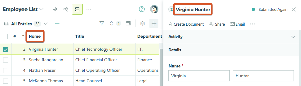 Move a field to the first column on the Entries grid to display that field value at the top of each entry.