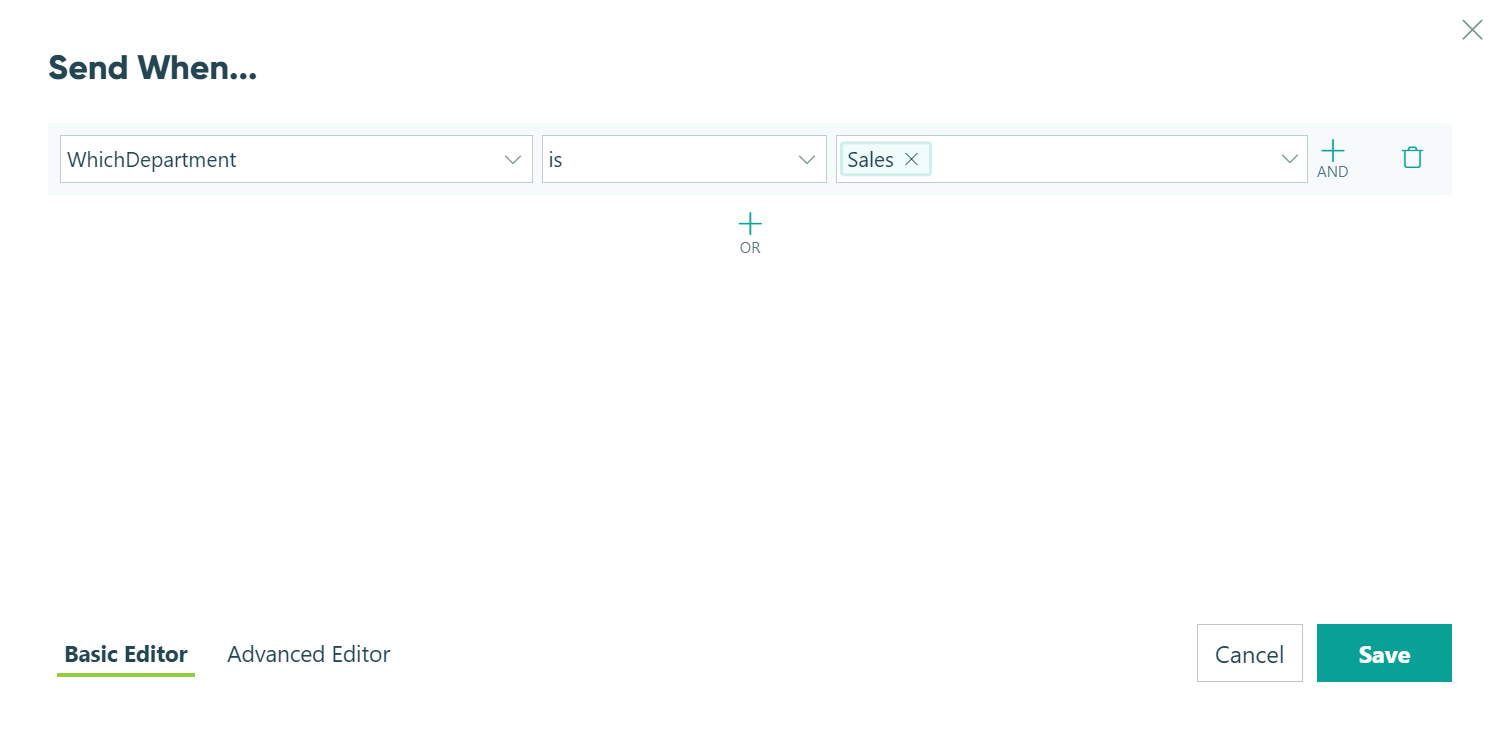 Conditional logic settings in Cognito Forms, allowing the send action when the Sales department being selected.