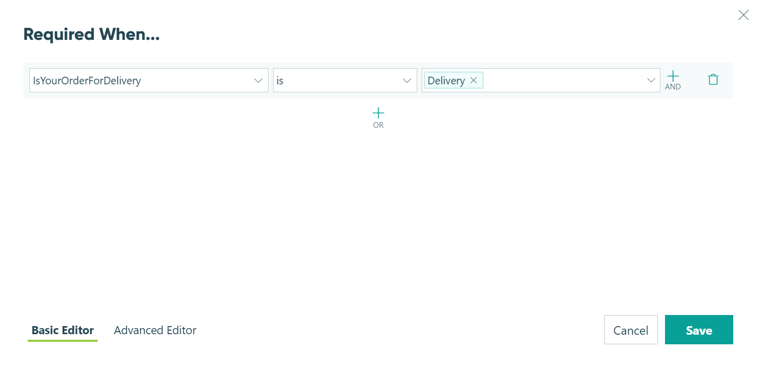 Cognito Forms conditional logic settings with the condition "Required When IsYourOrderForDelivery is Delivery."