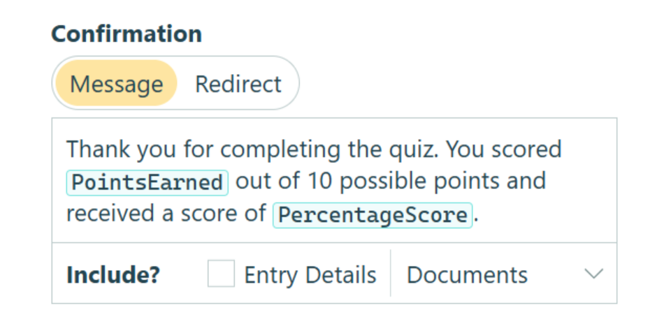 Screenshot of the Confirmation Message settings for a form in Cognito Forms.