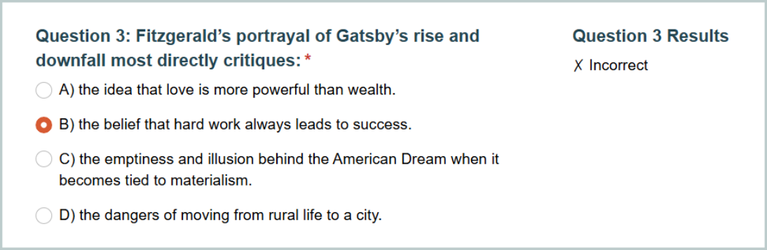 Screenshot of a multiple-choice question on a form in Cognito Forms. A choice is selected, and there is a calculation field to the right showing that the question selected is incorrect